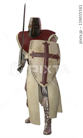 3D Knight in Armor with Red Cross Shield 139035581