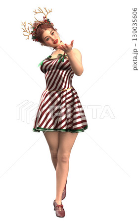 3D Woman in Candy Striped Dress with Reindeer Antlers 3D Woman in Candy Striped Dress with Reindeer Antlers 139035606