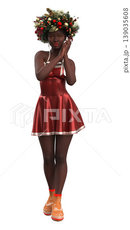 3D Woman in Festive Red Dress with Holiday Wreath Crown 3D Woman in Festive Red Dress with Holiday Wreath Crown 139035608