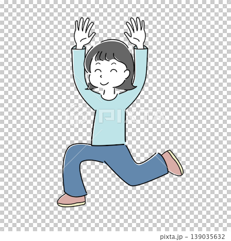 両手を上げてジャンプする笑顔の女性の全身シンプルイラスト（喜び・達成・解放感・人物） 139035632