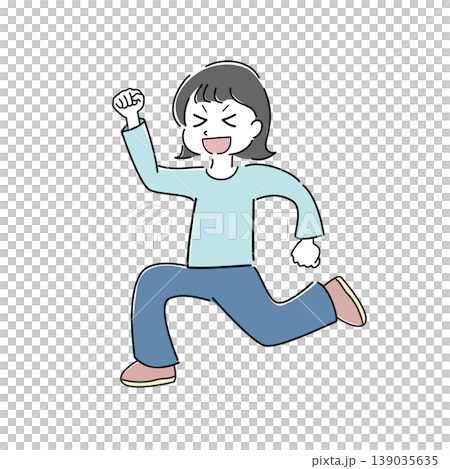 A simple full-body illustration of a woman jumping and making a victory pose (success, achievement, joy, person). A simple full-body illustration of a woman jumping and making a victory pose (success, achievement, joy, person). 139035635