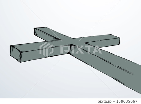 Wooden cross on sky background. Vector drawing 139035667