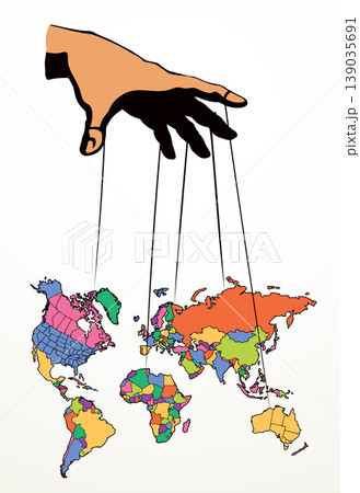 Man hand with a World map. Continents with contours of countries. Vector drawing 139035691