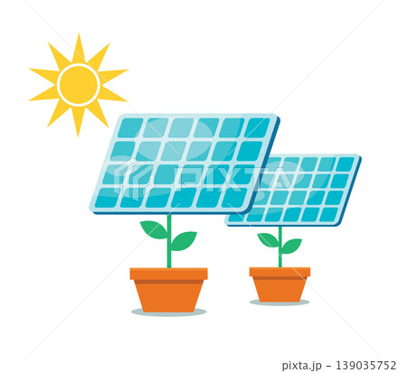 Solar panel plant in flower pot with sun for renewable green energy concept Solar panel plant in flower pot with sun for renewable green energy concept 139035752