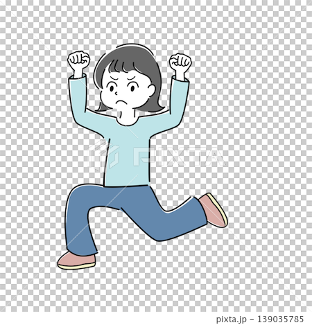 怒りながらジャンプしてガッツポーズをする女性の全身シンプルイラスト（不満・ストレス・人物） 139035785