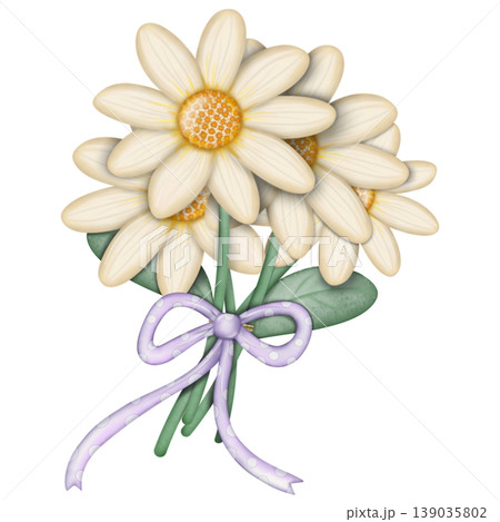 Daisy cute hand drawn, Flower watercolor spring floral bouquet Decorative with ribbon set. Hand drawn pastel flower, leaf, Cute nature element design. for decoration card.	 139035802