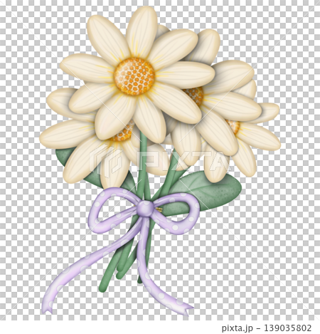 Daisy cute hand drawn, Flower watercolor spring floral bouquet Decorative with ribbon set. Hand drawn pastel flower, leaf, Cute nature element design. for decoration card.	 139035802