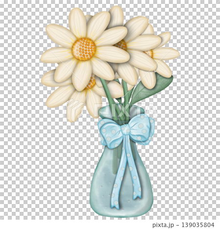 Daisy cute hand drawn, Flower watercolor spring floral bouquet Decorative with ribbon set. Hand drawn pastel flower, leaf, Cute nature element design. for decoration card.	 139035804