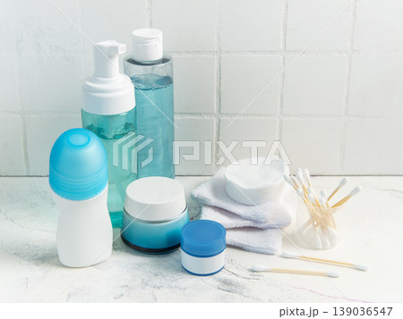 Skincare products and hygiene items for daily wellness routine Skincare products and hygiene items for daily wellness routine 139036547