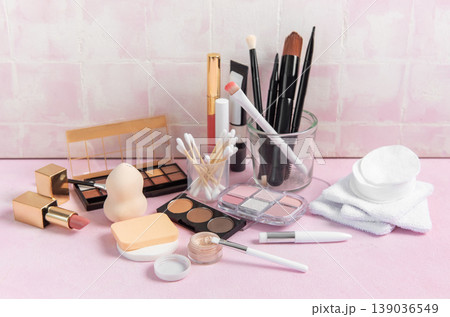 Cosmetics, makeup products and tools for beauty routine Cosmetics, makeup products and tools for beauty routine 139036549
