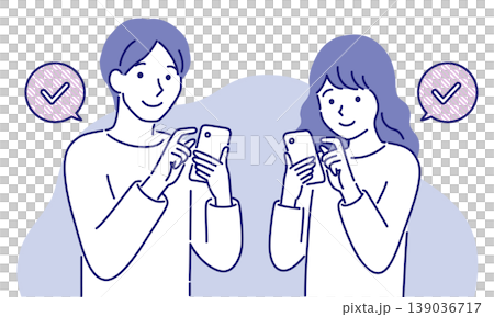 A couple in casual clothes using their smartphones for shopping and apps. A couple in casual clothes using their smartphones for shopping and apps. 139036717