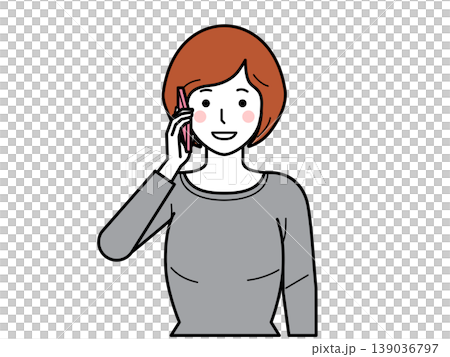 正面向き。スマホで電話するカットソーの若い女性。その2 正面向き。スマホで電話するカットソーの若い女性。その2 139036797