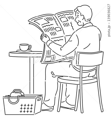 カフェで座って新聞を読むシニア男性の線画イラスト カフェで座って新聞を読むシニア男性の線画イラスト 139036827