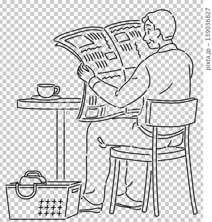 カフェで座って新聞を読むシニア男性の線画イラスト カフェで座って新聞を読むシニア男性の線画イラスト 139036827