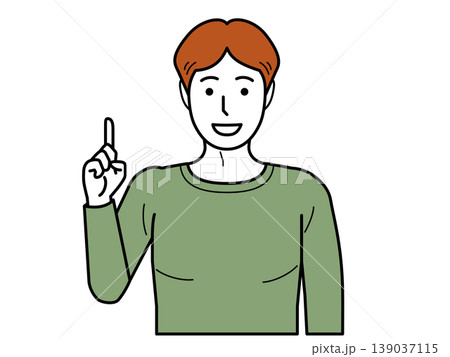 正面向き。ナンバーワンポーズをするTシャツの若い男性。その2 139037115