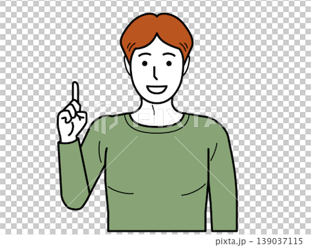 正面向き。ナンバーワンポーズをするTシャツの若い男性。その2 139037115