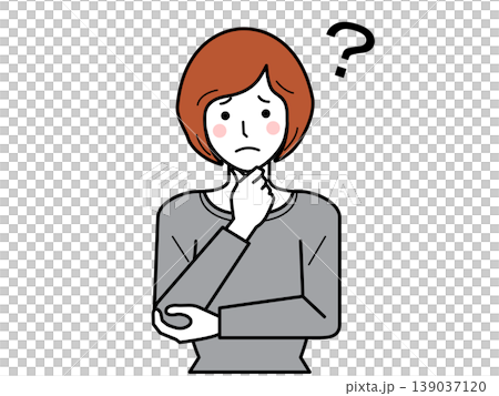 正面向き。あごに手をあて悩み顔のカットソーの若い女性。その2 139037120