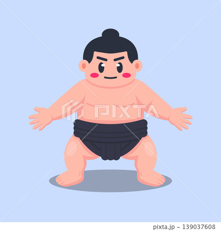 Cute Cartoon Sumo Wrestler Flat Vector Illustration on Blue Background 139037608