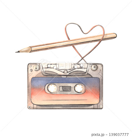 Hand-painted watercolor of audio cassette with tape shaped into heart and pencil isolated on white. Perfect for music, love, nostalgia themes, songwriting, branding, editorial design, poster, websites Hand-painted watercolor of audio cassette with tape shaped into heart and pencil isolated on white. Perfect for music, love, nostalgia themes, songwriting, branding, editorial design, poster, websites 139037777