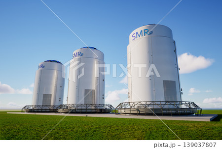 Group of smr or small modular nuclear reactors power plant against blue sky Group of smr or small modular nuclear reactors power plant against blue sky 139037807