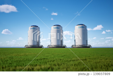 Group of smr or small modular nuclear reactors power plant against blue sky 139037809