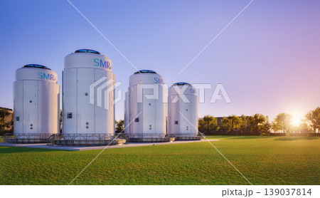 Group of smr or small modular nuclear reactors power plant against twilight sky 139037814