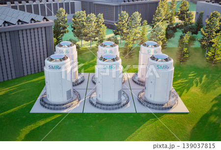 Group of smr or small modular nuclear reactors power plant with data center building Group of smr or small modular nuclear reactors power plant with data center building 139037815