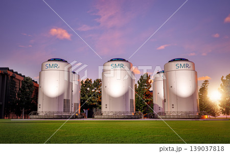 Group of smr or small modular nuclear reactors power plant under twilight sky Group of smr or small modular nuclear reactors power plant under twilight sky 139037818