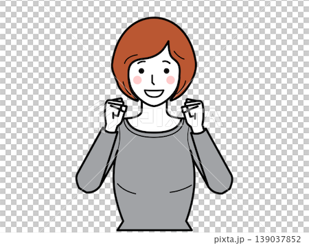 正面向き。ガッツポーズをするカットソーの若い女性。その2 139037852