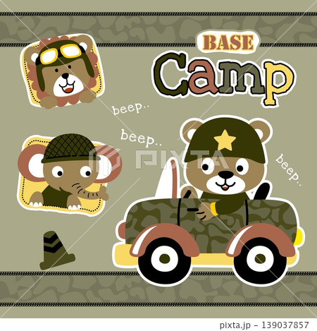 Cute bear driving military car, lion with elephant wearing military cap, vector cartoon illustration 139037857