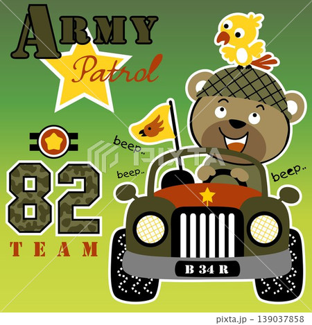 Little bear with bird on military car, military elements, vector cartoon illustration 139037858