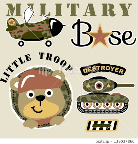 Cute bear wearing military beret with fighter jet and tank, vector cartoon illustration Cute bear wearing military beret with fighter jet and tank, vector cartoon illustration 139037860