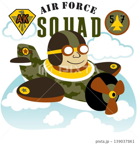 Young soldier on fighter jet with military badge, vector cartoon illustration Young soldier on fighter jet with military badge, vector cartoon illustration 139037861