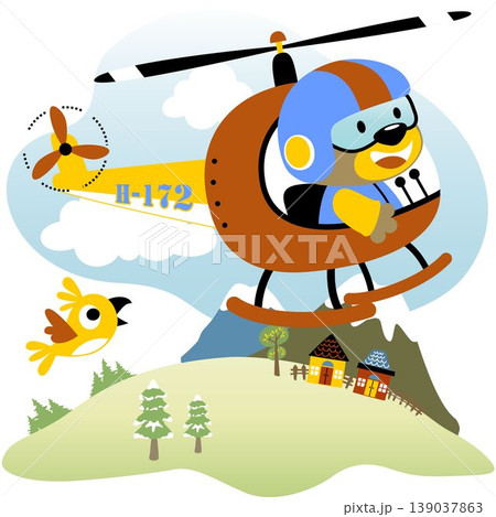 Cute bear on helicopter with little bird flying across village, vector cartoon illustration 139037863