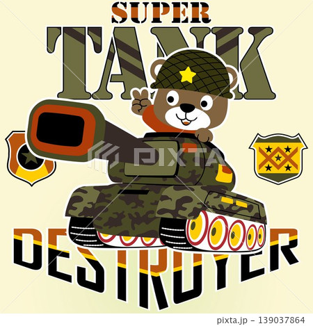 Cute bear on armored vehicle with military elements, vector cartoon illustration 139037864