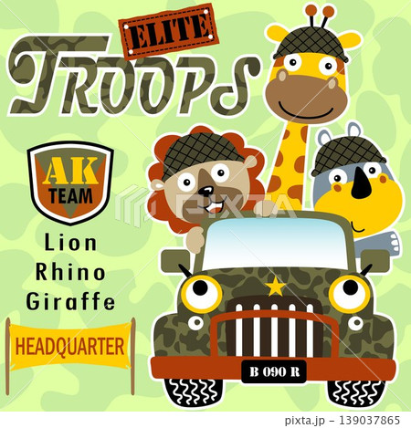 Funny animals soldier on military vehicle, vector cartoon illustration 139037865