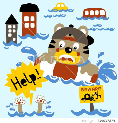 Funny cat on inflatable ring in flooding, vector cartoon illustration Funny cat on inflatable ring in flooding, vector cartoon illustration 139037874