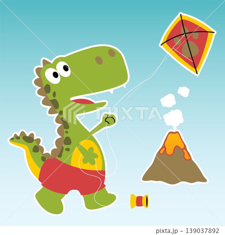 Cute dinosaur playing kite, vector cartoon illustration Cute dinosaur playing kite, vector cartoon illustration 139037892