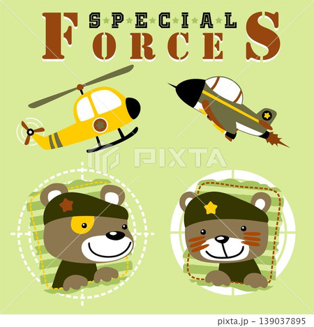 Cute bear in military uniform with military aircraft, vector cartoon illustration 139037895