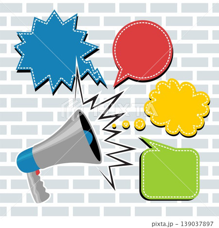 megaphone with call out shapes on a bricks background, vector graphics illustration megaphone with call out shapes on a bricks background, vector graphics illustration 139037897