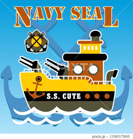 vector cartoon illustration of warship on anchor background 139037900