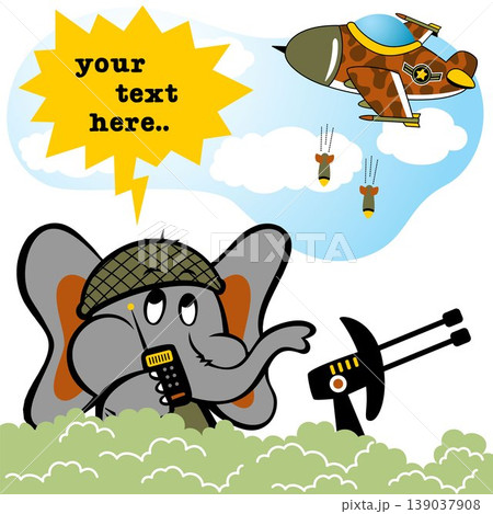 Cute elephant soldier in battlefield with fighter jet, vector cartoon illustration 139037908