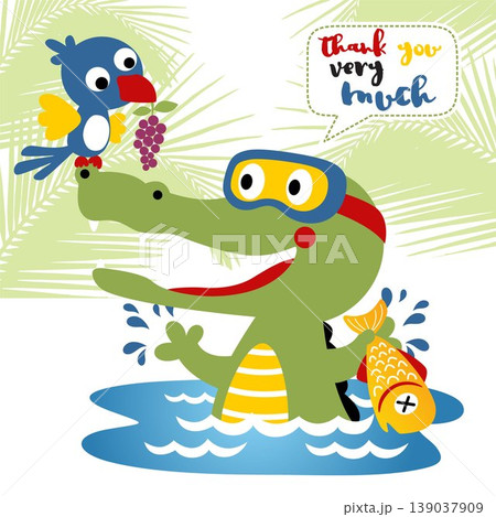 funny crocodile wearing diving goggles catching fish, little bird carrying grape, vector cartoon illustration funny crocodile wearing diving goggles catching fish, little bird carrying grape, vector cartoon illustration 139037909