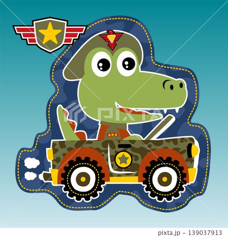 Funny crocodile soldier on military vehicle, vector cartoon illustration Funny crocodile soldier on military vehicle, vector cartoon illustration 139037913