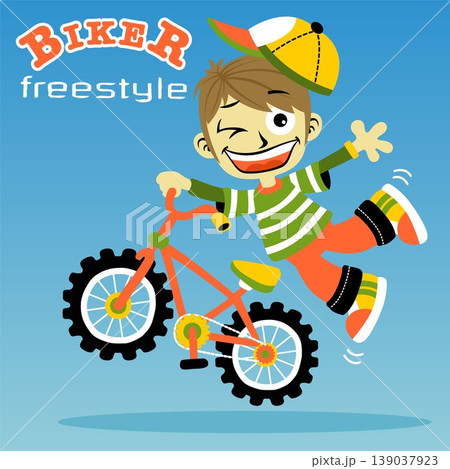 vector cartoon of funny boy the freestyle biker vector cartoon of funny boy the freestyle biker 139037923