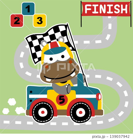 Cute hippo driving racing car, vector cartoon illustration 139037942