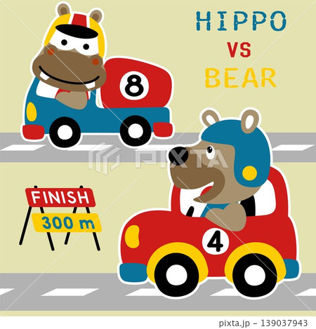Cute bear and hippopotamus on racing car, vector cartoon illustration Cute bear and hippopotamus on racing car, vector cartoon illustration 139037943