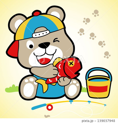 Cute bear get a big fish, fishing tackle with bucket, vector cartoon illustration Cute bear get a big fish, fishing tackle with bucket, vector cartoon illustration 139037948