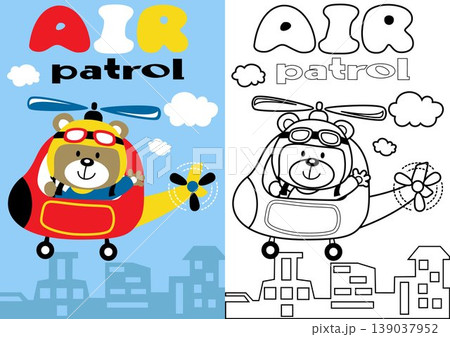 vector cartoon of helicopter with funny bear pilot, coloring book or page vector cartoon of helicopter with funny bear pilot, coloring book or page 139037952