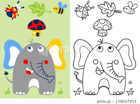 cute elephant with bugs and mushroom, coloring book or page, vector cartoon illustration 139037953